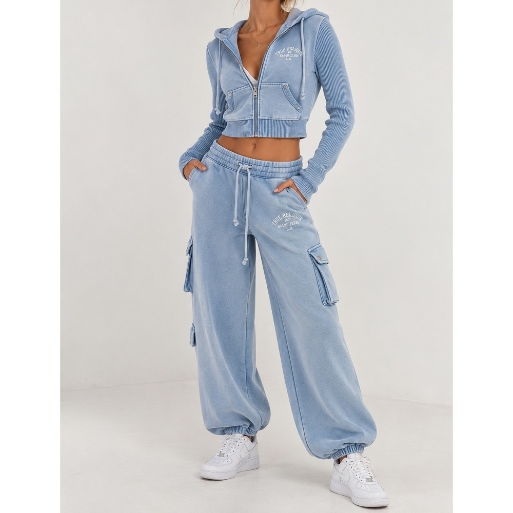True Religion Big T Baggy Cargo Jogger Blue Rhinestone Joggers Set Small
